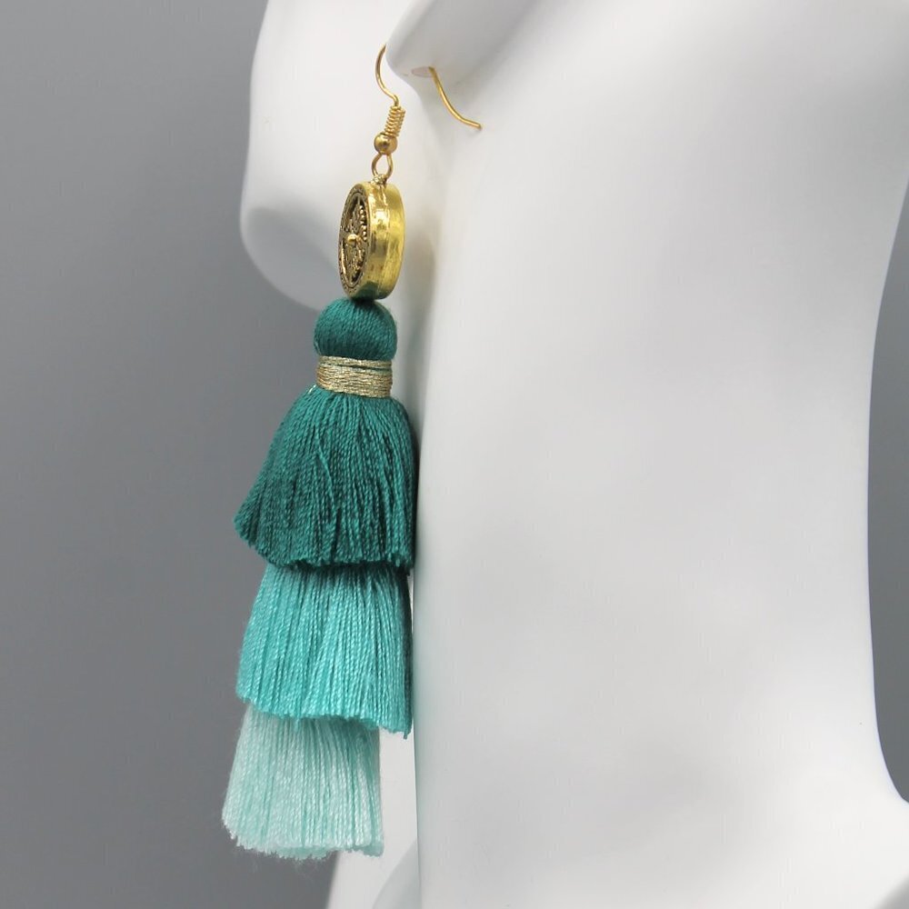 Jewelry earrings drop dangle tassel boho style gold mint elegant beautiful long - Picture 6 of 9